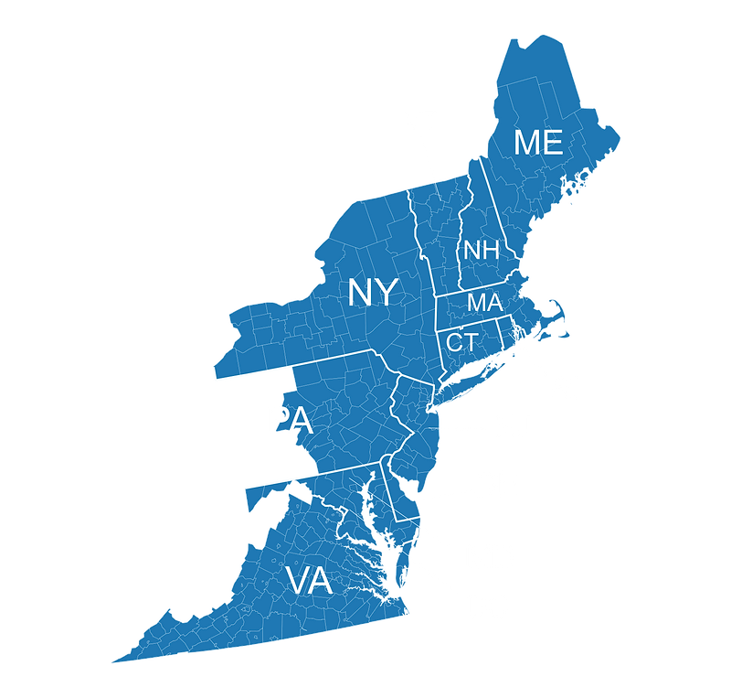 CSA Advisors full territory coverage map of the Northeast United States